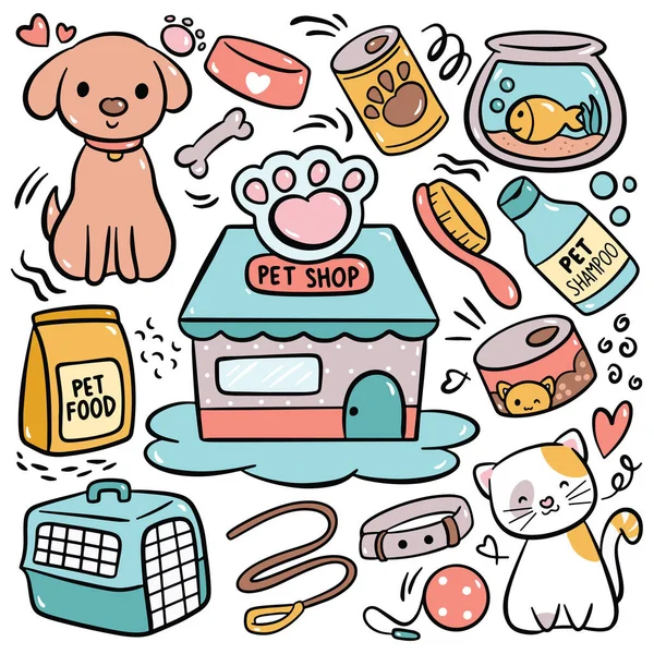 Set Pet Shop Doodle Vector Illustration — Stock Vector