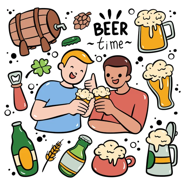 Vrienden Drinken Bier Handgetekende Krabbels Biertijd — Stockvector