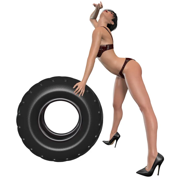 Сексуальная женщина позирует с колесами — стоковое фото