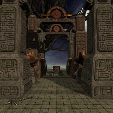 Mistik bir atmosferi olan bir fantezi arka planının 3 boyutlu çizimi 