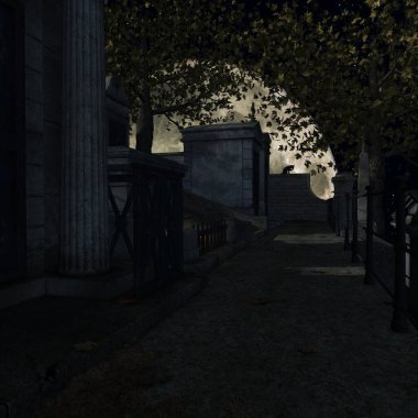 Ürkütücü bir atmosferi olan bir fantezi arka planının 3 boyutlu çizimi 