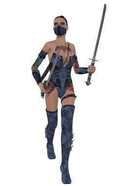 Seksi ninja kıyafetli bir kadının 3 boyutlu resmi. 