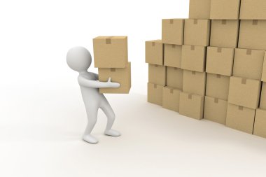 3D küçük kişi ve yığın karton kutu