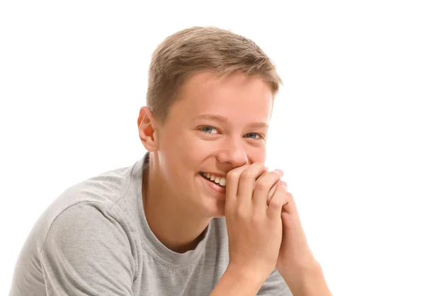 Shy teenage boy is laughing — Stock Photo, Image
