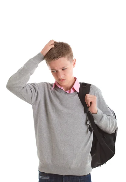 Smutný dospívající chlapec s batohem — Stock fotografie