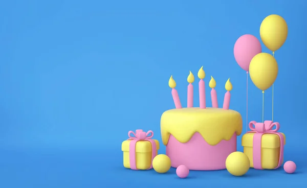 Cartoon cake with candles, balloons, gift boxes on blue background. 3D rendering