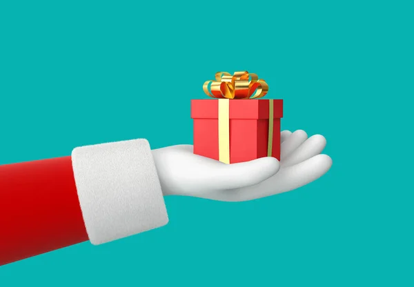 圣诞老人的手拿着装有金丝带的礼品盒 与绿色背景隔离 3D渲染 — 图库照片