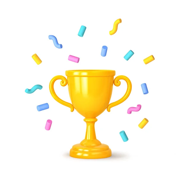 Cartoon winners trophy, champion cup with falling confetti isolated on white. 3D rendering with clipping path
