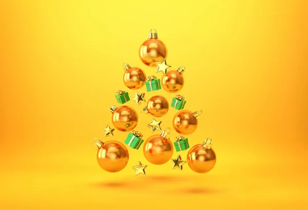 Bolas Navidad Cajas Regalo Estrellas Doradas Forma Árbol Navidad Aislado —  Fotos de Stock