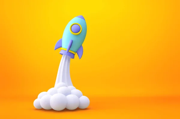 Cartoon Raket Lancering Gele Achtergrond Business Startup Concept Rendering Met — Stockfoto