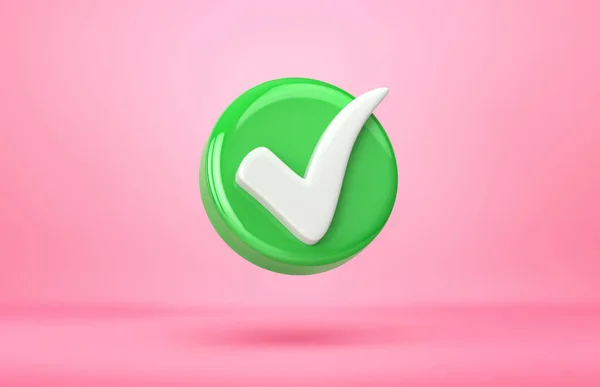 Green Check Mark Approval Sign Pink Background Rendering — Stock Photo, Image
