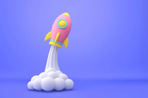 Cartoon Rocket Launch Blue Background Business Startup Concept Rendering — Stockfoto