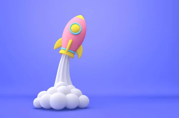 Cartoon Rocket Launch Blue Background Business Startup Concept Rendering Royaltyfria Stockfoton