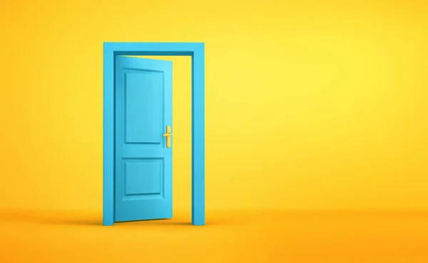 Blaue Offene Tür Gelben Hintergrundraum Neues Leben Chancen Geschäftskonzept Rendering — Stockfoto
