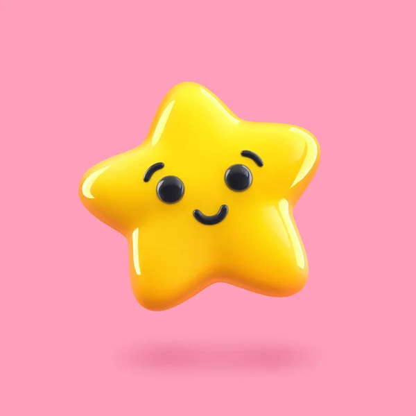 Amarelo Estrela Feliz Com Rosto Sorriso Isolado Fundo Rosa Renderização — Fotografia de Stock