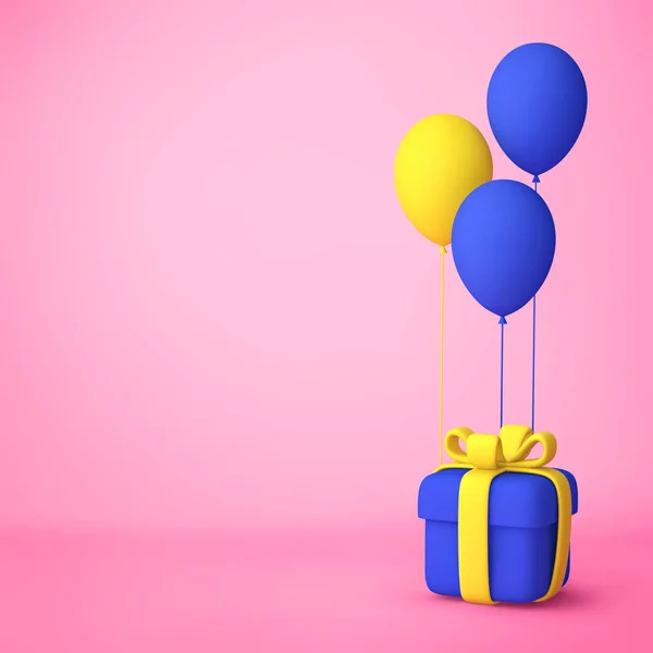 Caixa Presente Com Balões Azuis Amarelos Sobre Fundo Rosa Renderização — Fotografia de Stock