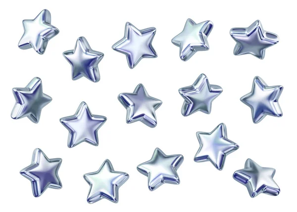 Zestaw Latających Srebrnych Gwiazd Odizolowanych Białym Tle Renderowanie — Zdjęcie stockowe