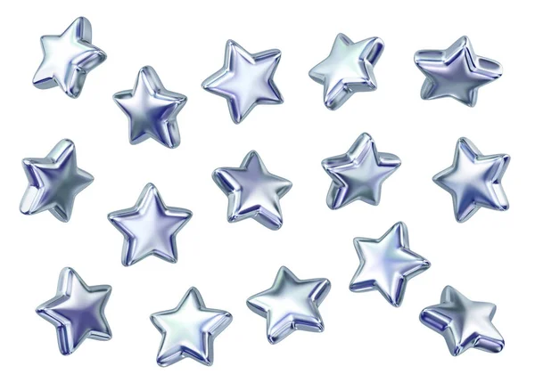 Set Flying Silver Stars Isolated White Background Rendering Fotografia Stock