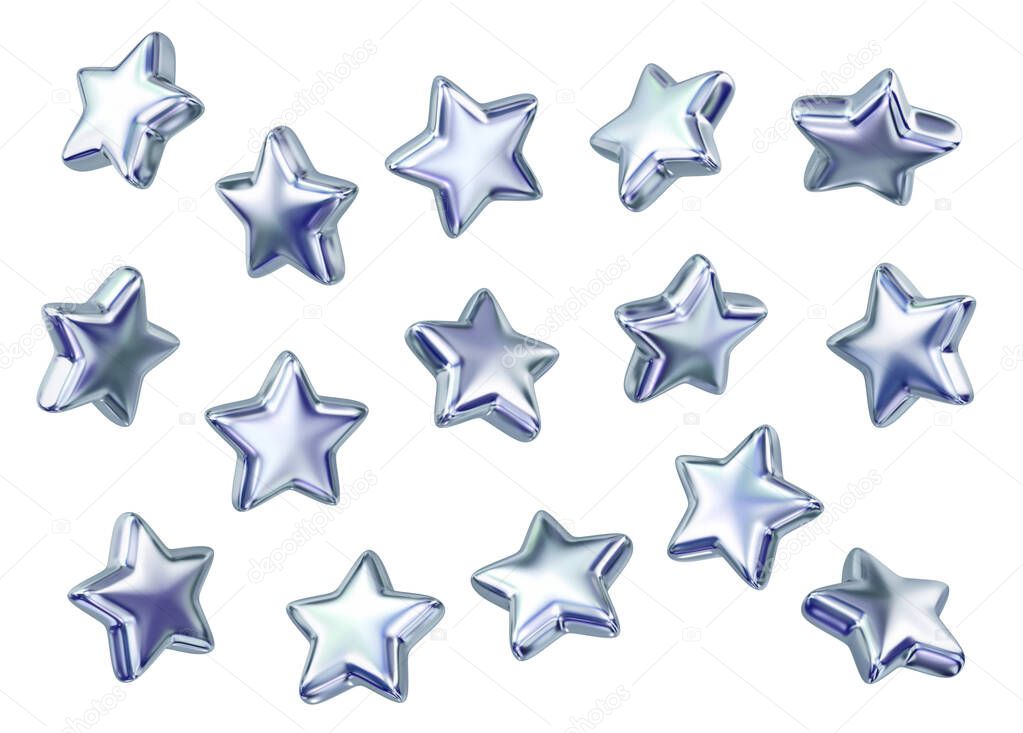 Set of  flying silver stars isolated on white background. 3D rendering