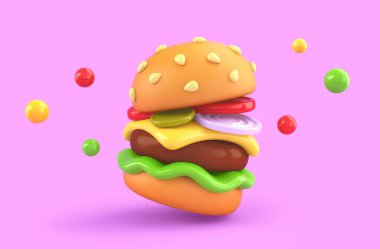 Cartoon burger isolated on pink background. 3D rendering with clipping path