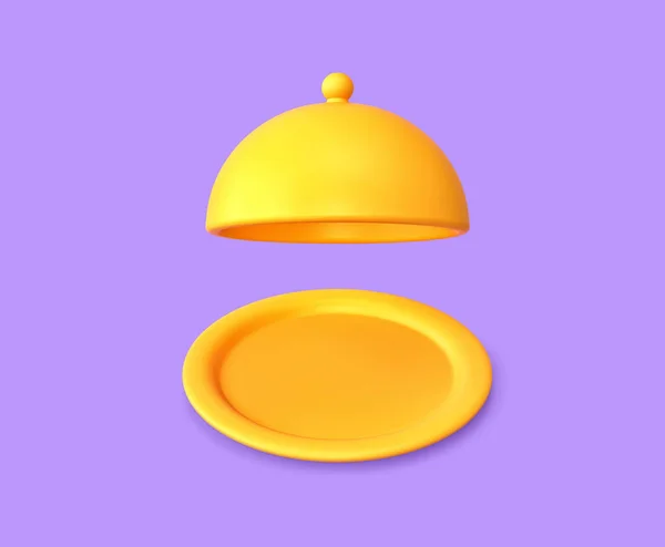 Yellow Serving Tray Cloche Isolated Purple Background Rendering Clipping Path — Stockfoto