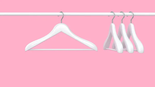 White rack with white clothes hangers isolated on pink background. 3D rendering