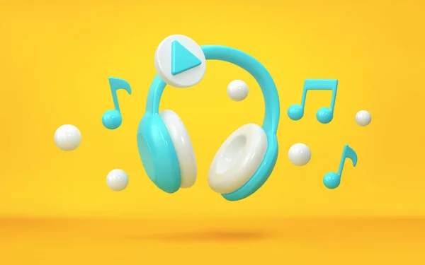 Headphones Musical Notes Flying Yellow Background Music App Concept Rendering — Stock Photo, Image