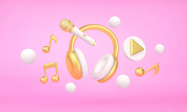 Золоті Білі Навушники Мікрофон Музичні Ноти Літають Над Рожевим Тлом — стокове фото