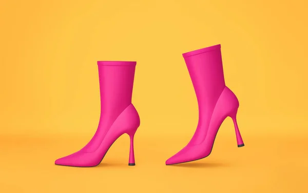Ζωντανές Ροζ Ψηλοτάκουνες Μπότες Απομονωμένες Κίτρινο Φόντο Απόδοση Διαδρομή Αποκοπής — Φωτογραφία Αρχείου