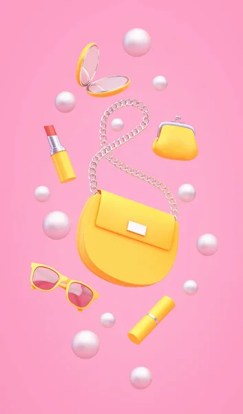 Yellow Women Bag Purse Lipstick Mirror Sunglasses Flying Pink Background — Zdjęcie stockowe