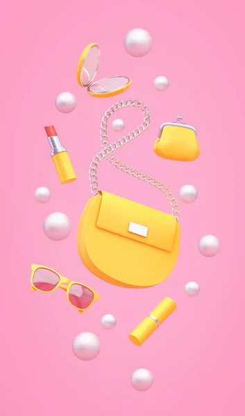 Yellow Women Bag Purse Lipstick Mirror Sunglasses Flying Pink Background Stock Picture