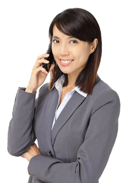 Asya iş kadını ile telefon görüşmesi beyaz adam izole — Stok fotoğraf