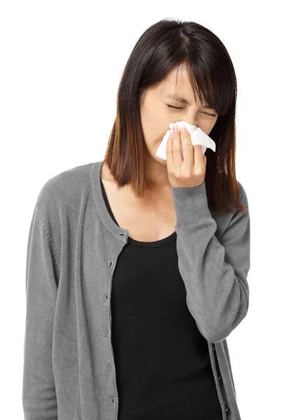 Cold sneezing asian woman — Stock Photo, Image