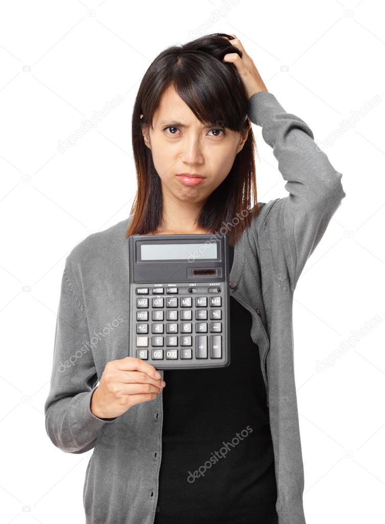 Asian woman holding calculator