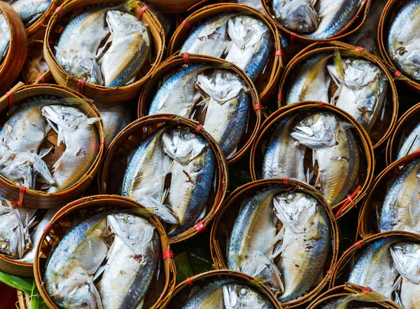 Fish in barrels for sell at market — Stock Photo, Image