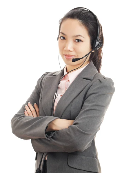 Asiática mulher de serviço ao cliente com fone de ouvido — Fotografia de Stock