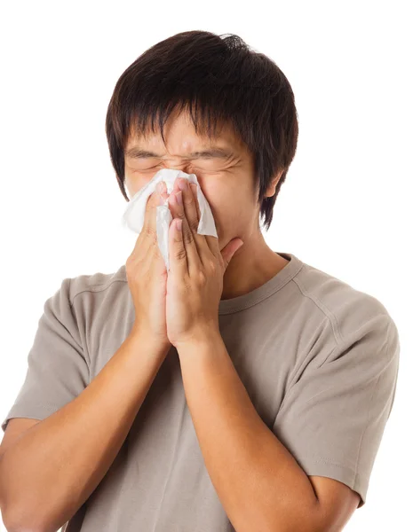 Estornudo asiático hombre — Foto de Stock