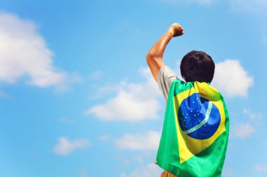 Brezilya bayrağı tutarak heyecanlı adam