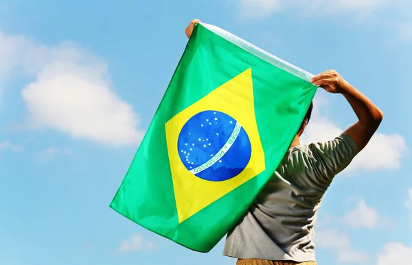 Partidario de Brasil sosteniendo una bandera — Foto de Stock