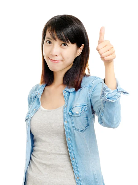 Ázsiai nő dicséret a hüvelykujjával felfelé — Stock Fotó