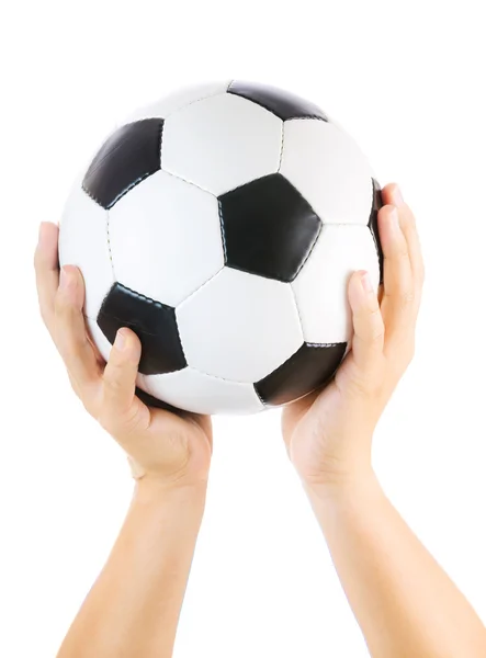 Mãos segurando bola de futebol até isolado em branco — Fotografia de Stock