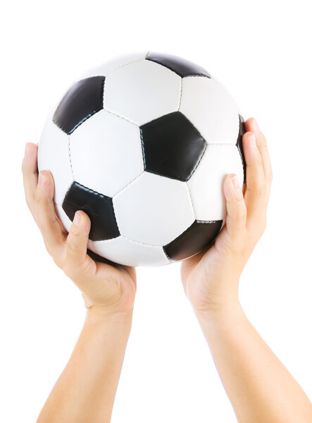 Hands holding soccer ball up isolated on white