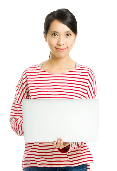 Young woman with laptop isolated on white — Stock Photo, Image