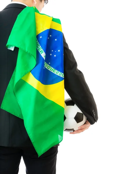 Empresario con pelota de fútbol y bandera de Brasil —  Fotos de Stock