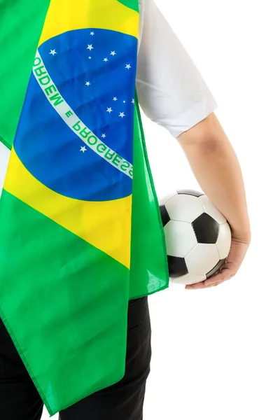 Empresario con bandera de Brasil y balón de fútbol — Foto de Stock