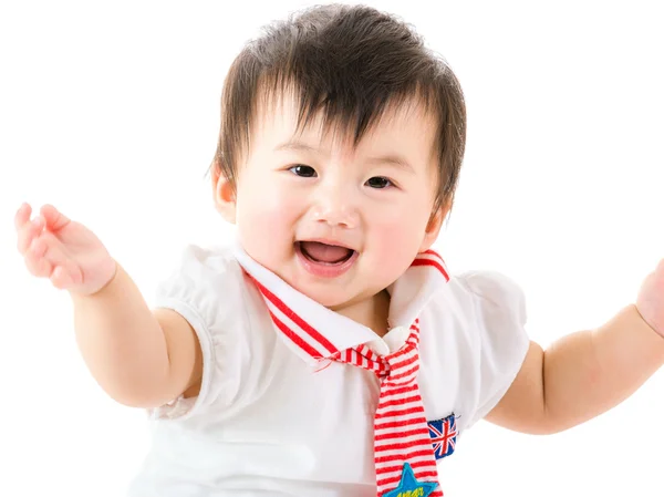 Azië baby meisje handen omhoog en geïsoleerde op wit — Stockfoto