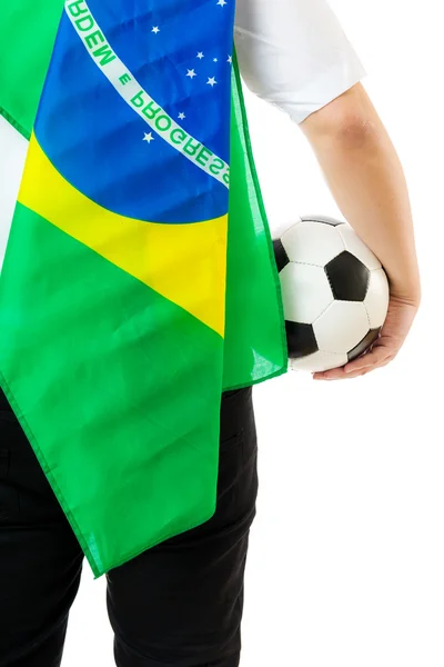 Arkadan görünüşü Brezilya bayrağı ve futbol topu ile işadamı — Stok fotoğraf