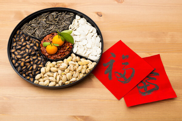 Assorted chinese sytle snack tray and chinese calligraphy