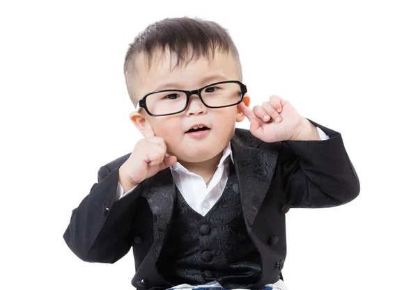 Baby boy finger pointing to his ear — Stock Photo, Image