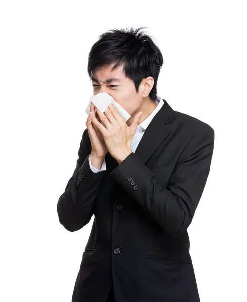 Hombre de negocios asiático con alergia nasal —  Fotos de Stock